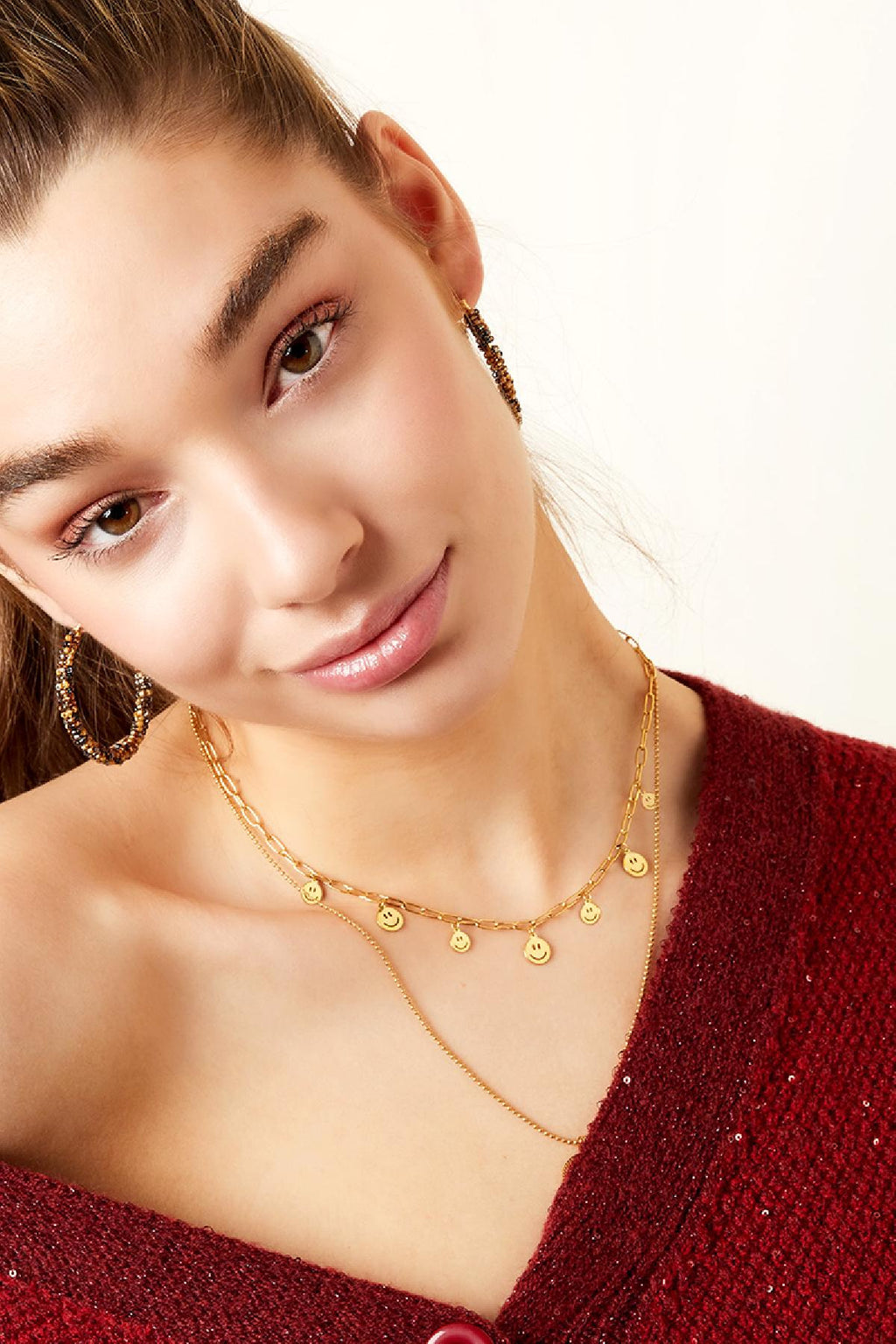 Necklace multiple smileys Gold Color Stainless Steel