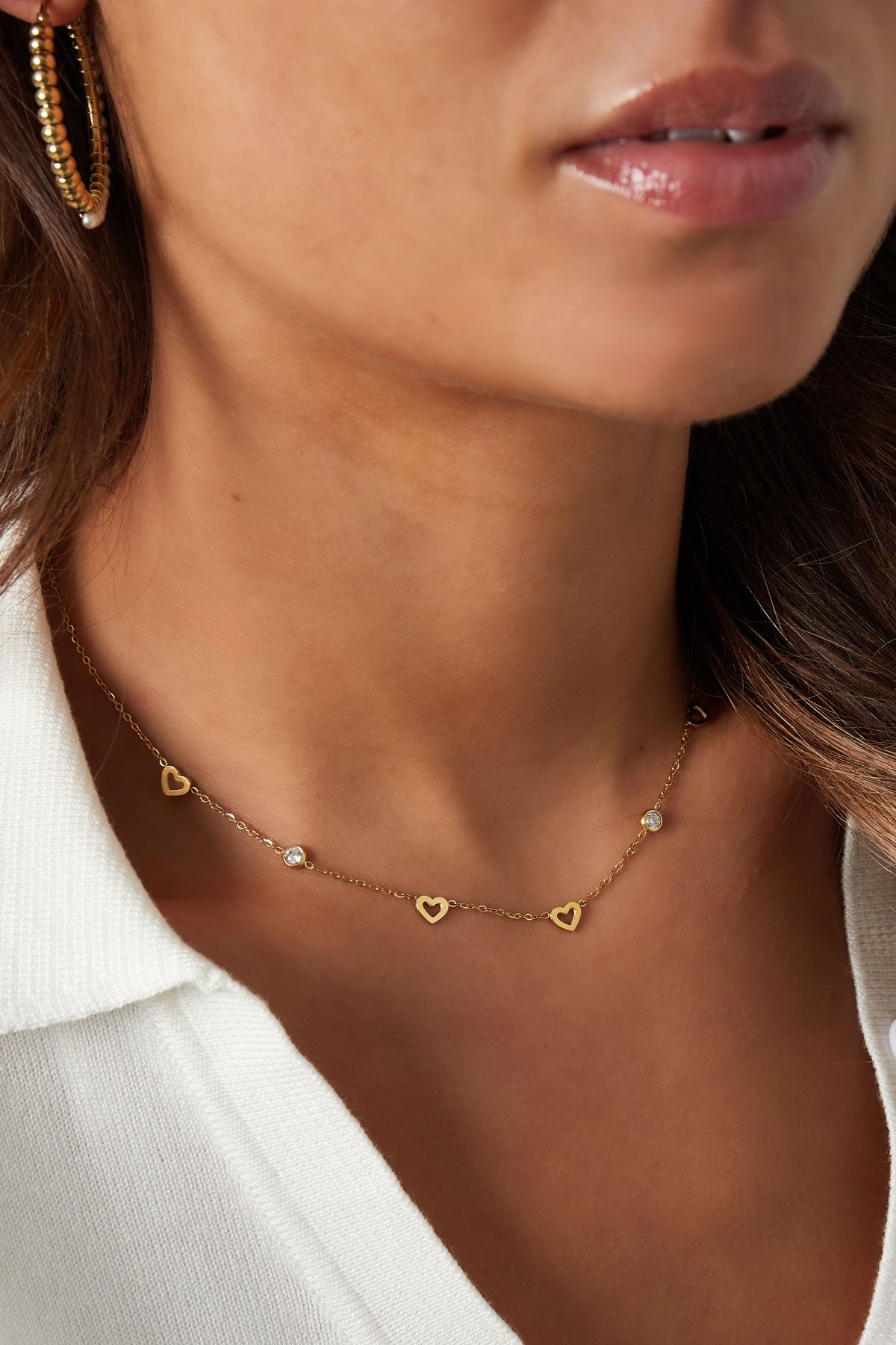Necklace with heart and diamond charms - stainless steel