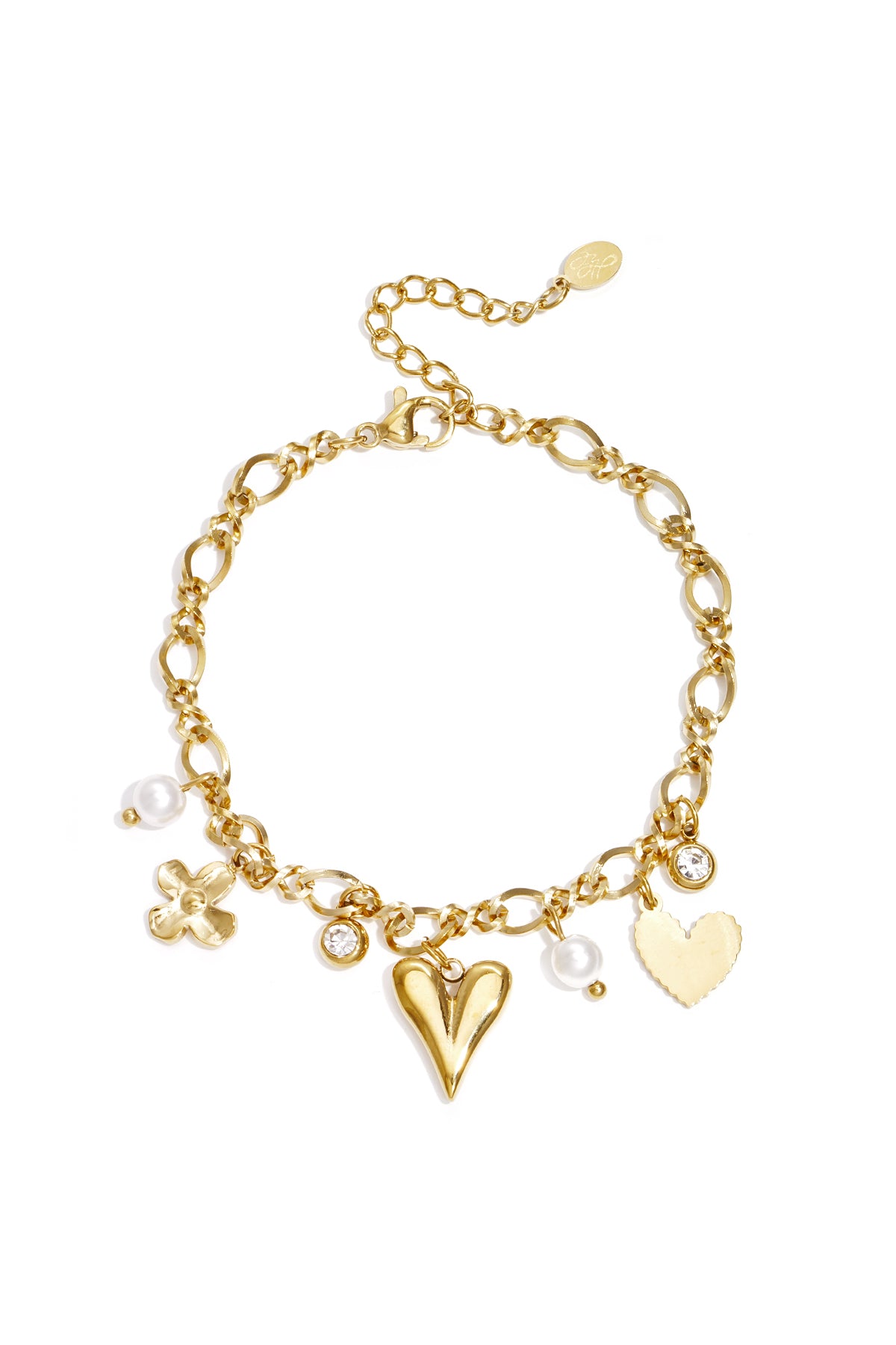 Heart Charm Bracelet – Gold-Plated Steel & Rhinestones