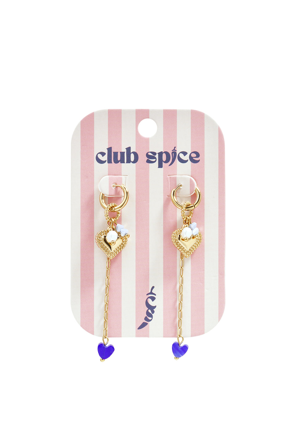 Small hoop earrings with long chain, heart and beads