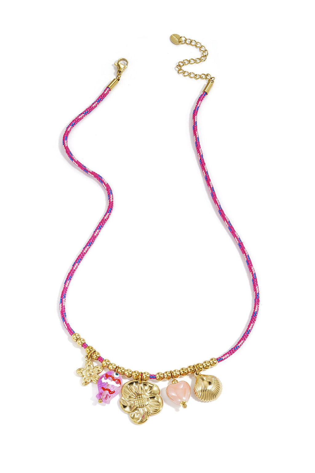 Colorful cord necklace with varying pendants and fish pendant
