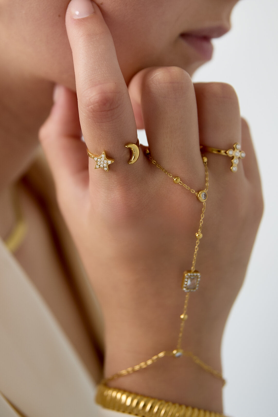 Elegant Gold-Toned Adjustable Star & Moon Ring