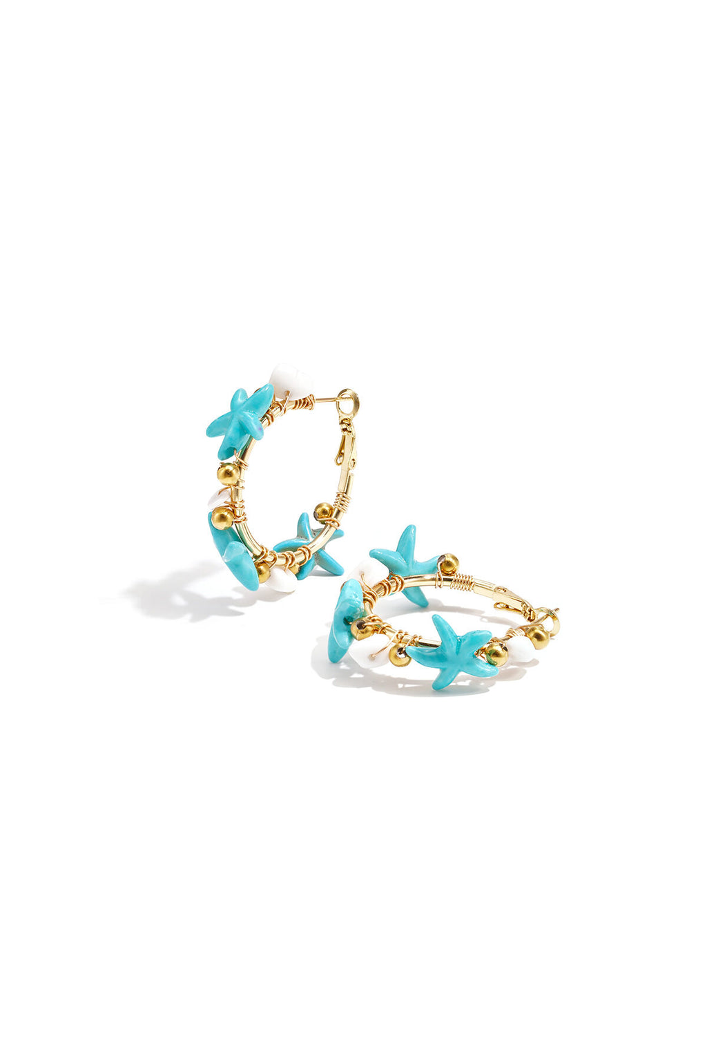 Hoop earrings with starfish and gold beads