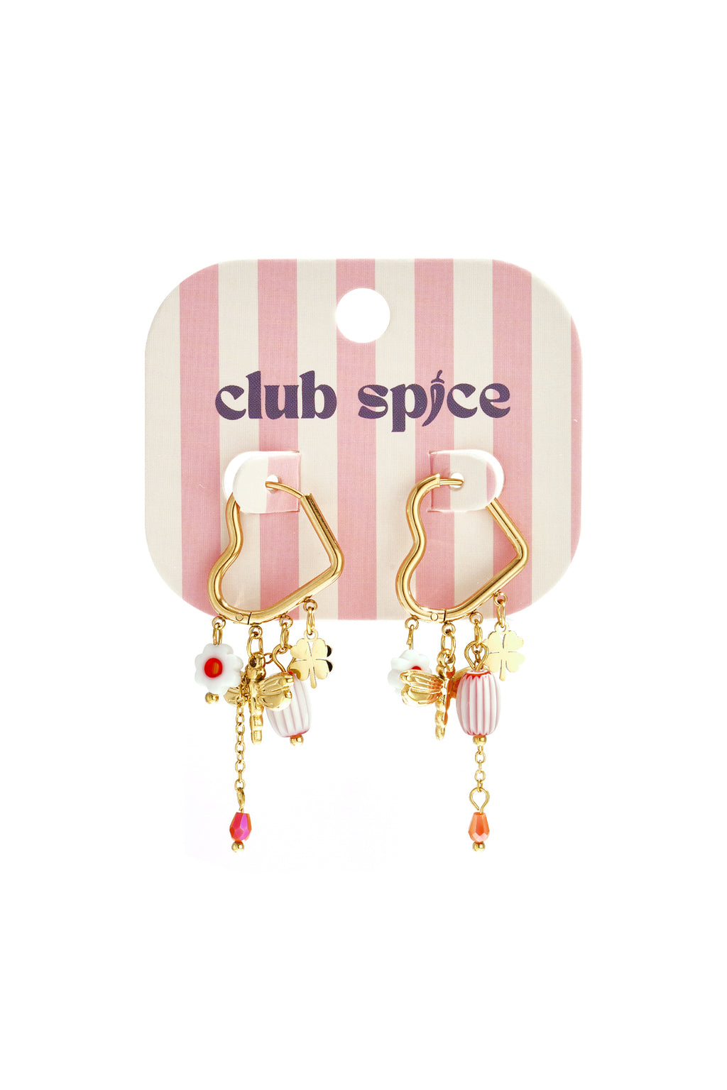 Heart-shaped hoop earrings with beaded pendants and charms