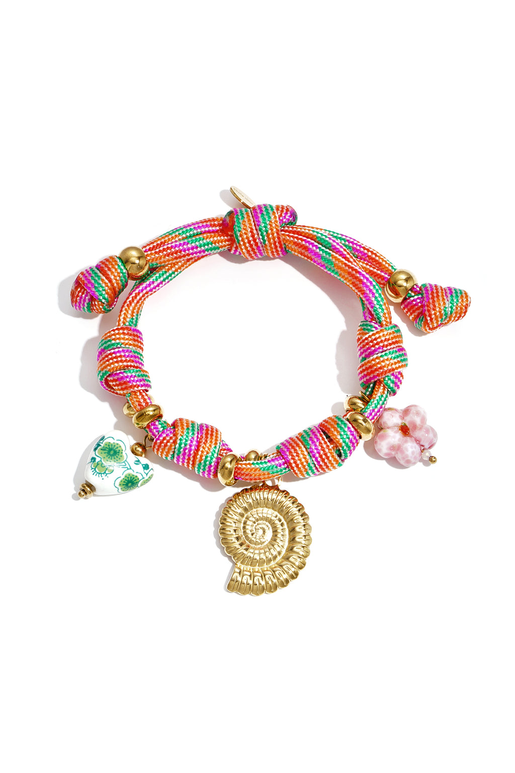 Shell Charm Bracelet – Pink Rope & Steel; Glaze