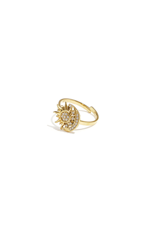 Adjustable Gold Color Statement Ring with Sun and Moon