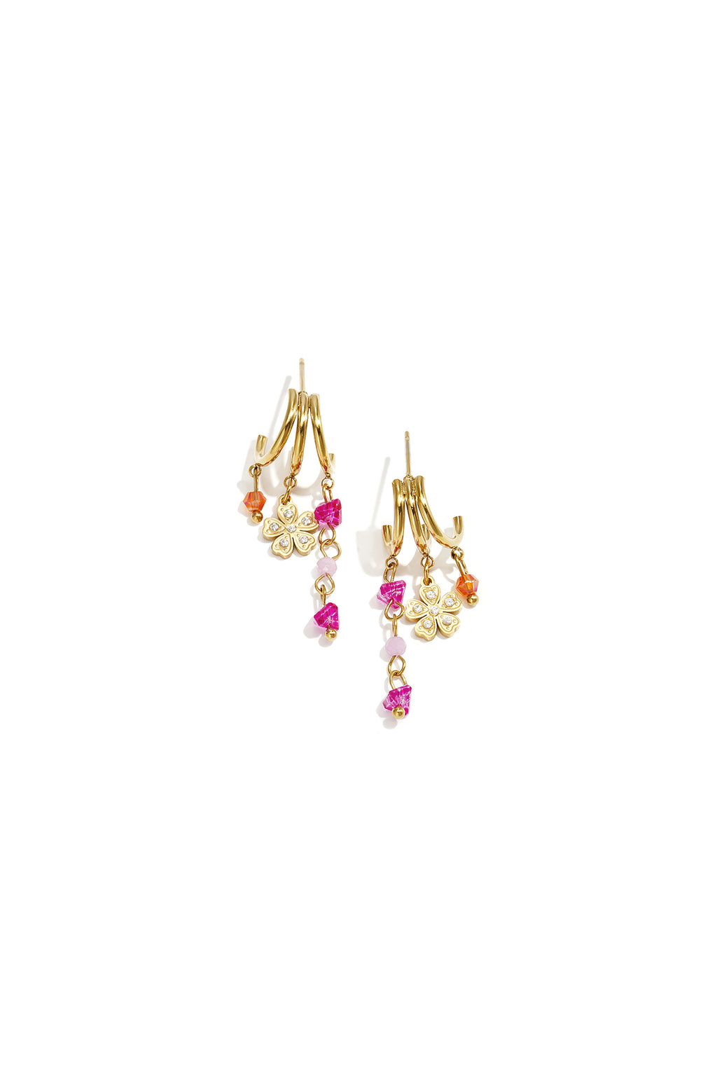 Triple earrings with flower charm and beads