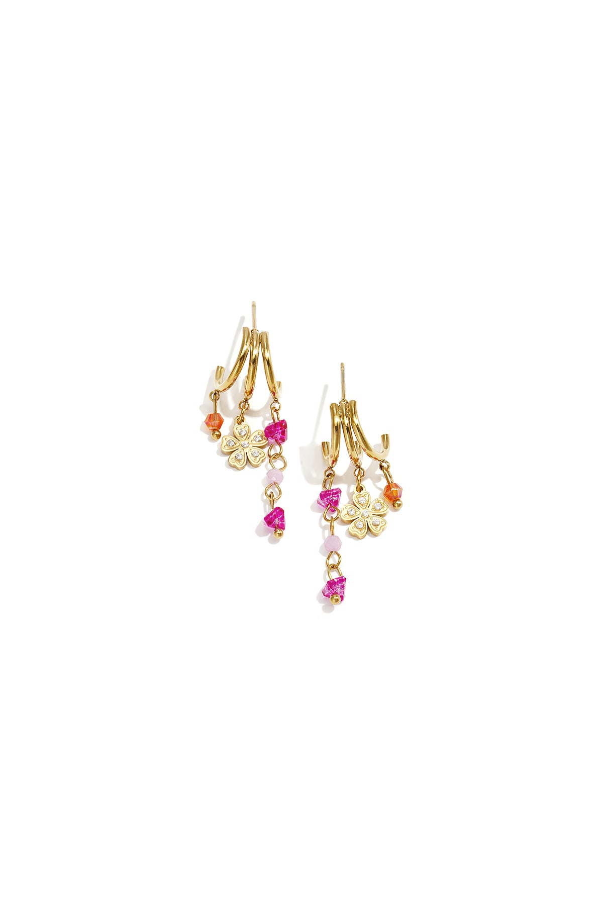 Triple earrings with flower charm and beads