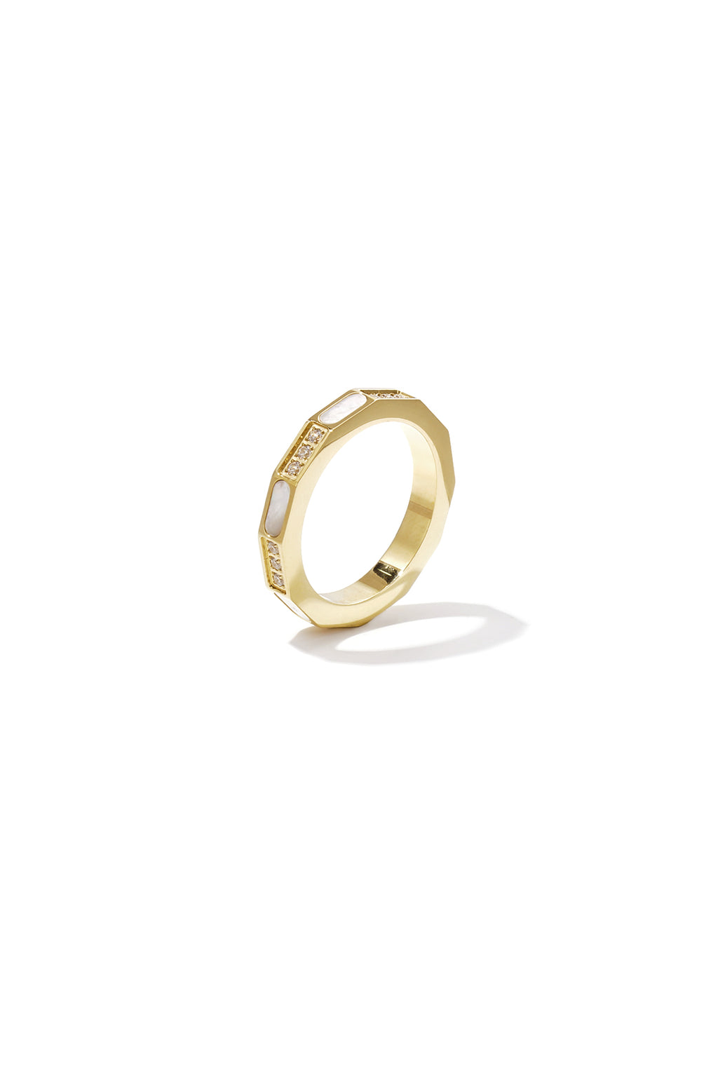 Angular ring with stones and mother-of-pearl detail