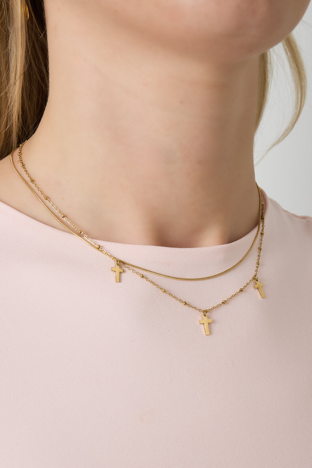 Elegant Multi-Layered Cross Necklace in Silver & Gold