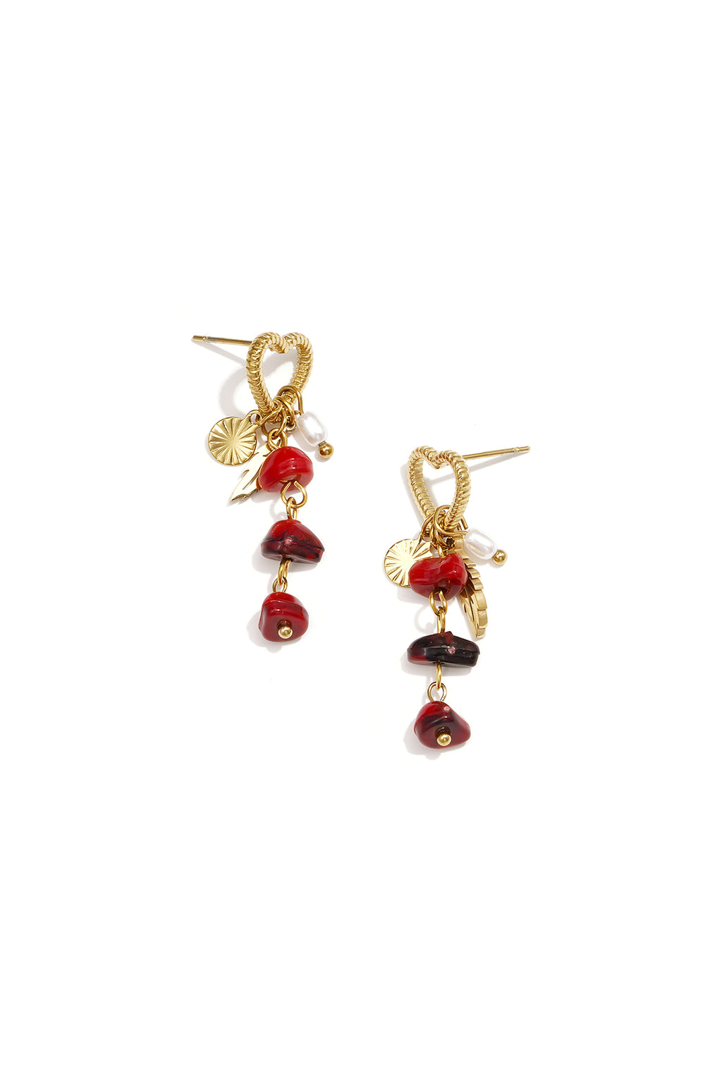 Heart earrings with pearl pendant, white stones and feather