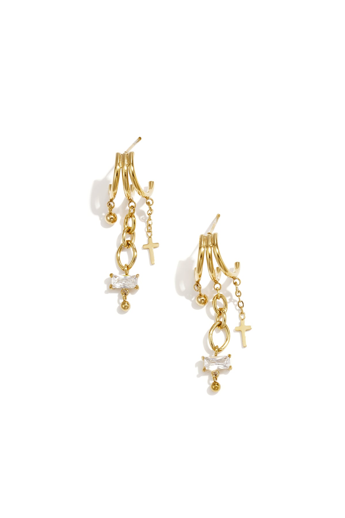 Triple earrings with cubic zirconia and cross charm