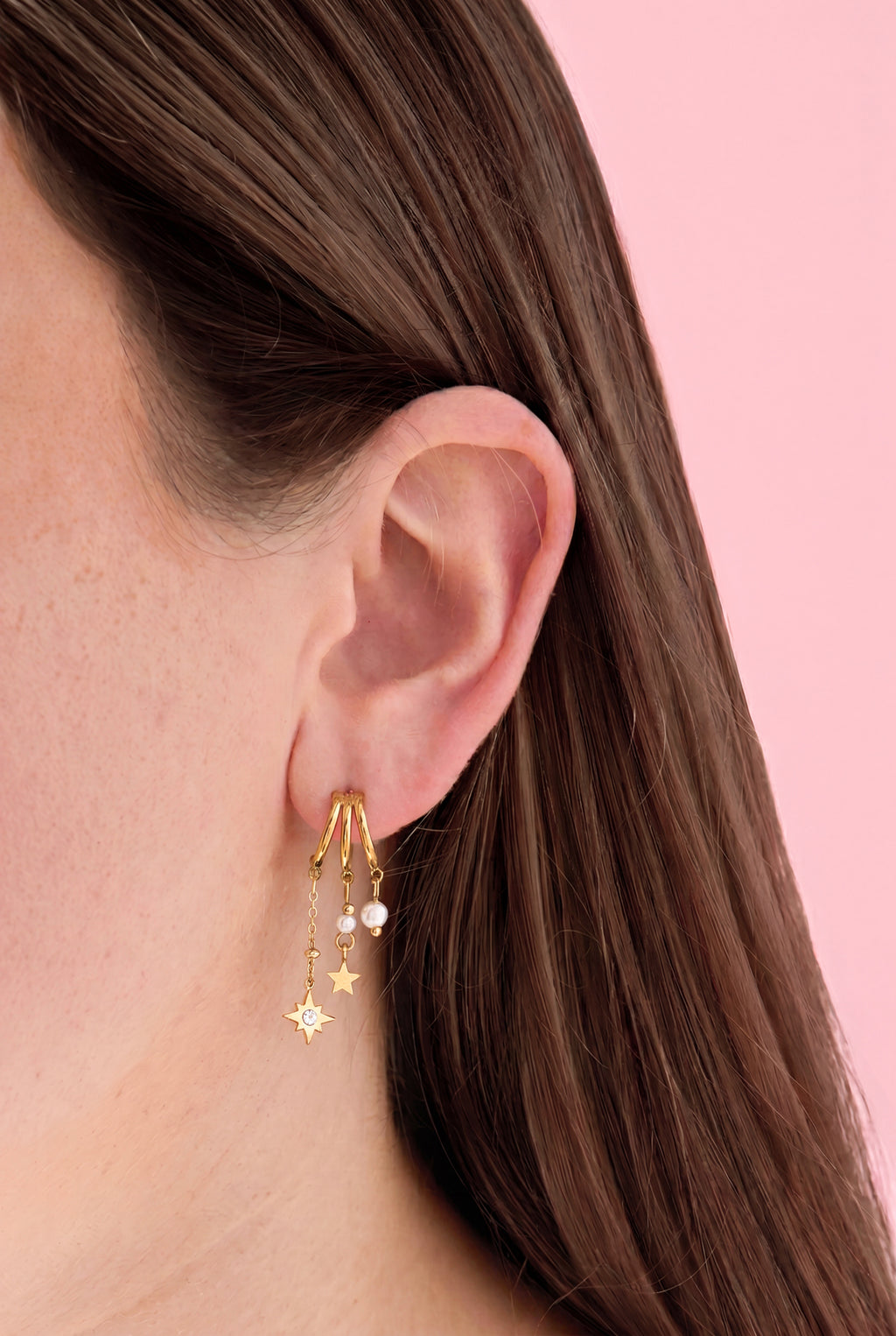 Triple earrings with pearl and star pendants