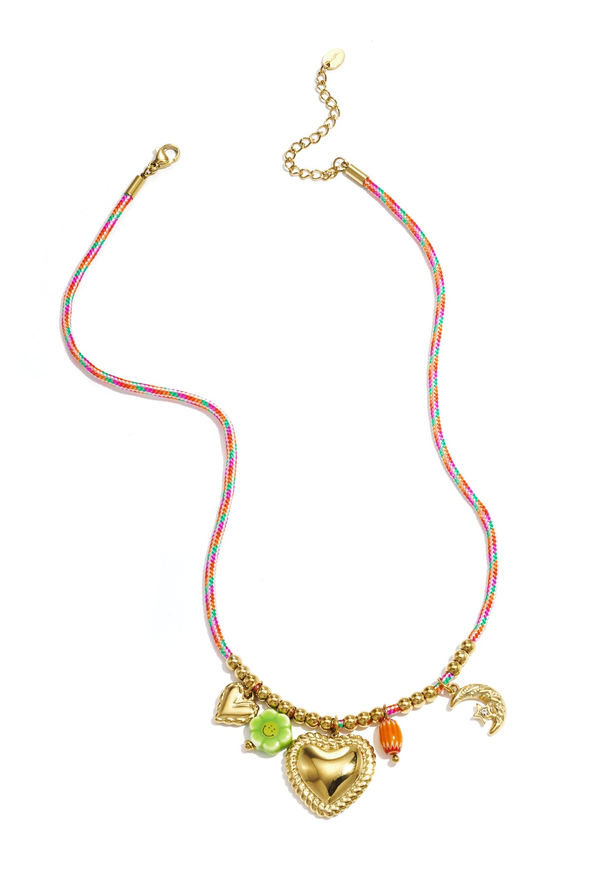 Heart Pendant Necklace – Gold-Plated Rope & Steel; Rhinestones; Glaze
