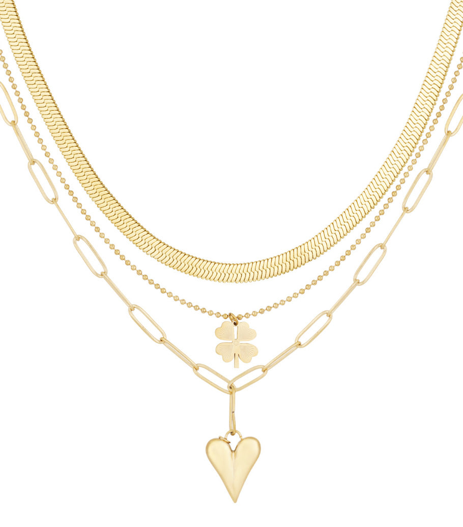 three-layer necklace clover and heart