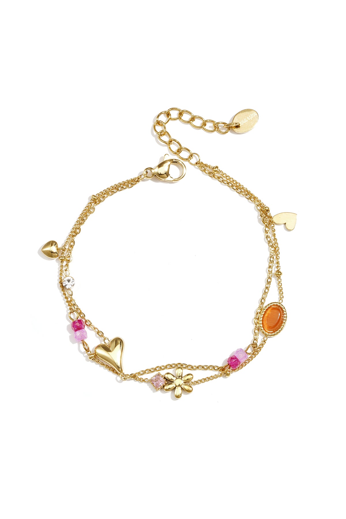 Double bracelet with varying pendants, beads, and stones
