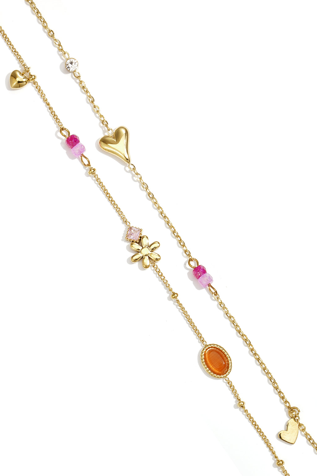 Double bracelet with varying pendants, beads, and stones