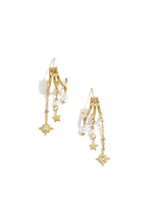 Triple earrings with pearl and star pendants
